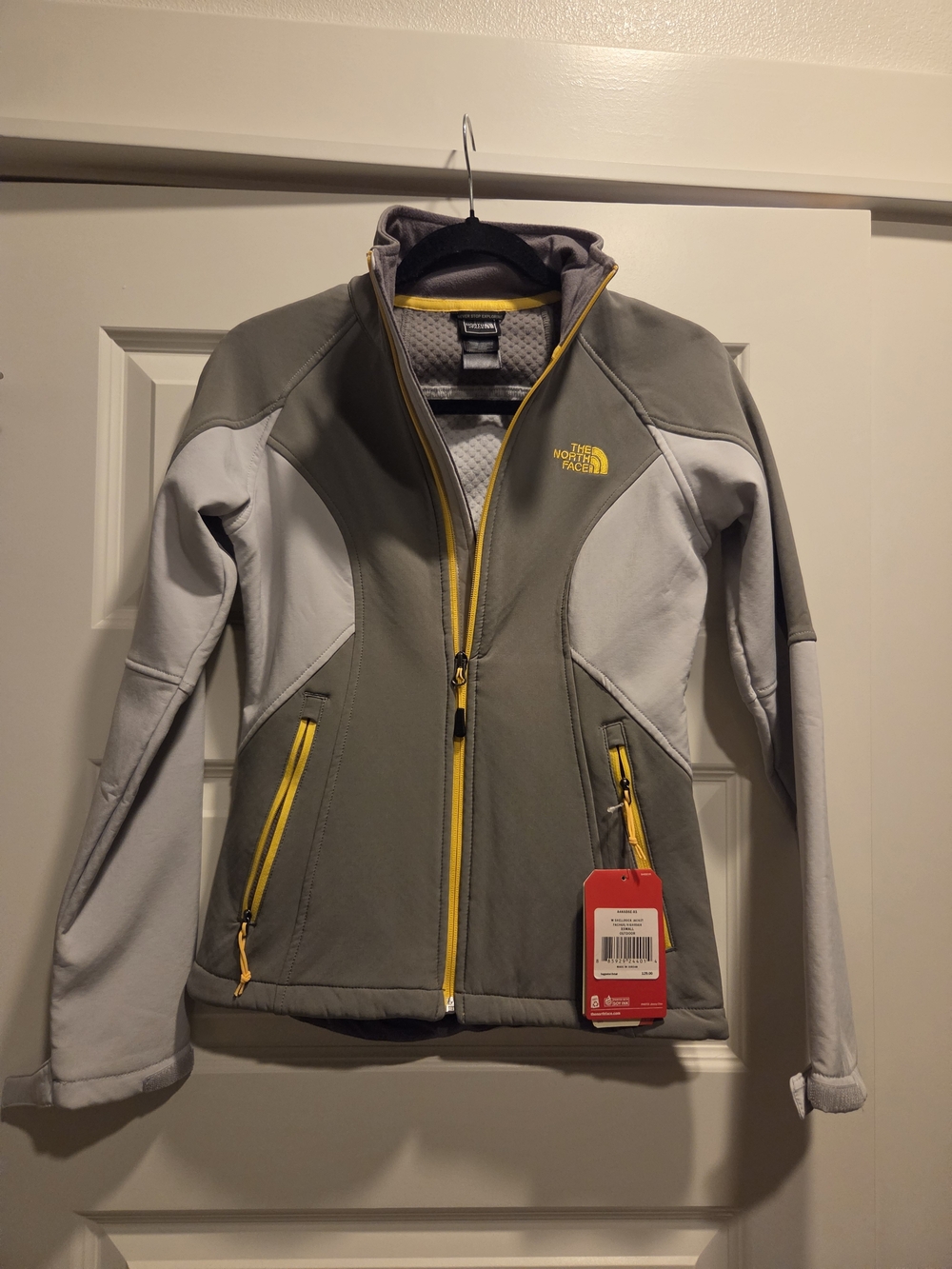 The North Face Women’s Gray and Light Gray Fleece Jacket with Yellow Trim Xsmall